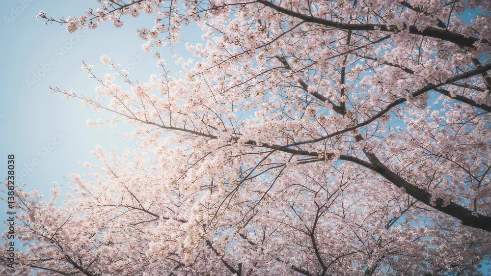 Wide view of light pink cherry blossoms covering tree branches Wide view of light pink cherry blossoms covering tree branches