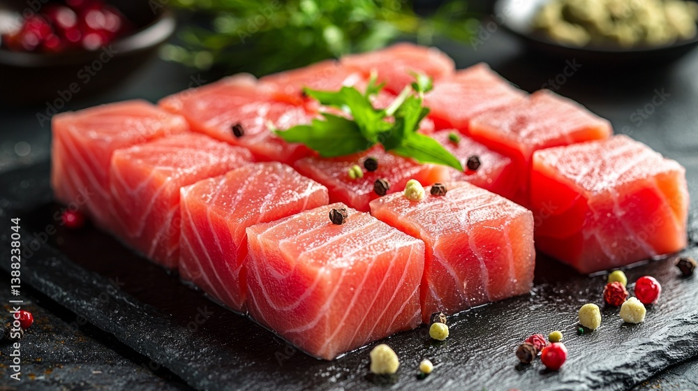 A plate of raw fish with a sprig of parsley on top A plate of raw fish with a sprig of parsley on top