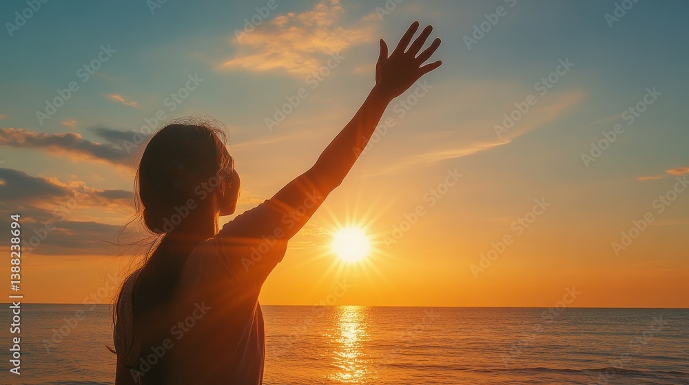 Fototapeta premium Embrace of Hope: Silhouette of a Helping Hand at Sunset on a Peaceful Beach