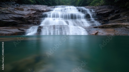 Cascading waterfall into turquoise pool in lush forest