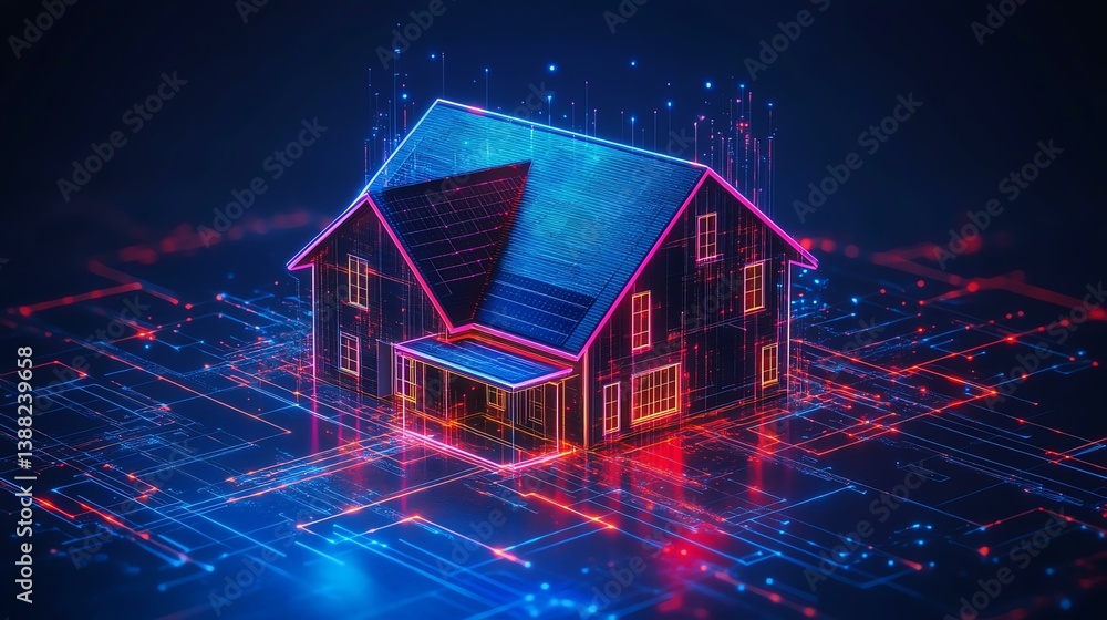 Futuristic digital house design with neon effects. Futuristic digital house design with neon effects.