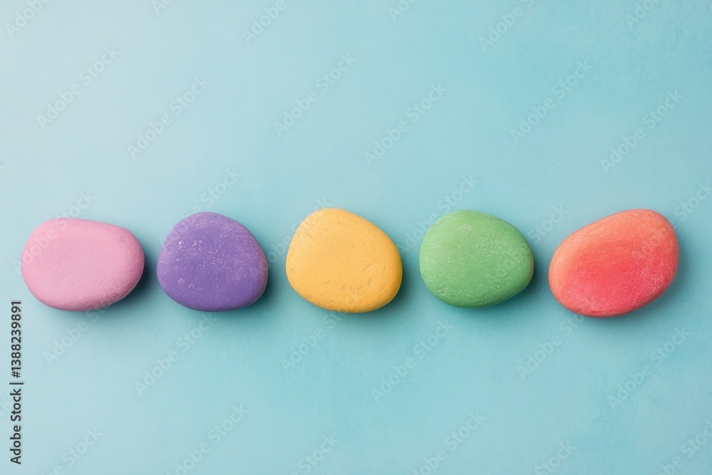Colorful pebbles arranged in a line on a blue background Colorful pebbles arranged in a line on a blue background