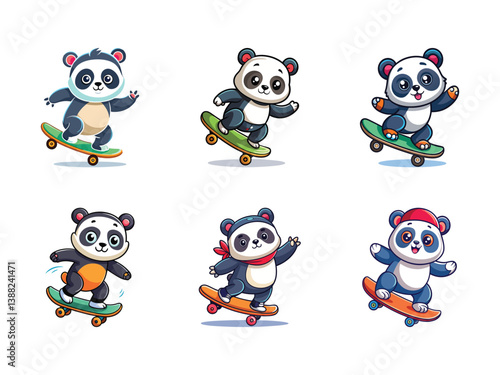 Six cute panda bears skateboarding with bright, colorful skateboards. A fun and playful illustration perfect for kids projects. Joyful expressions and dynamic poses.