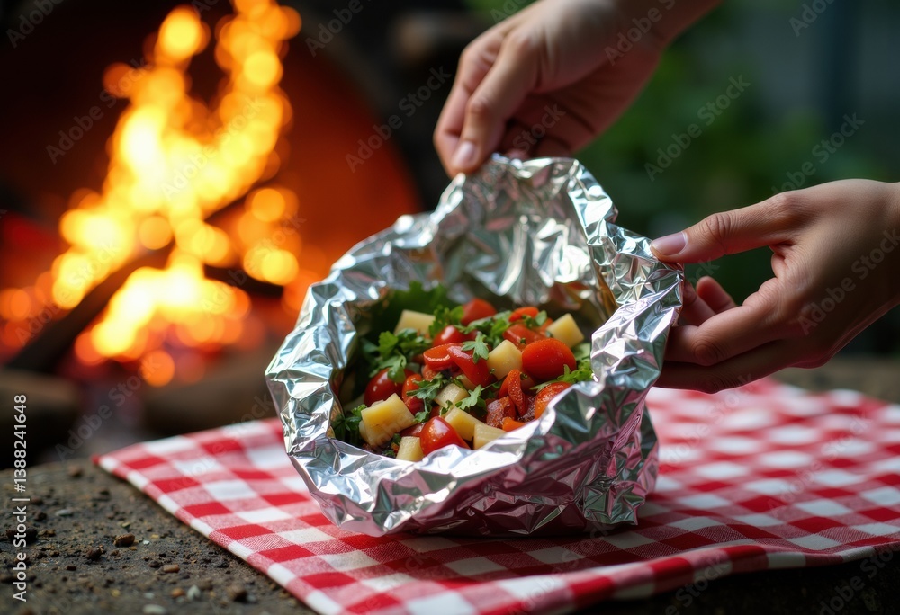 Grilled vegetable foil packet being opened over a campfire