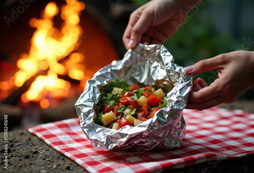 Obraz na płótnie Grilled vegetable foil packet being opened over a campfire w salonie