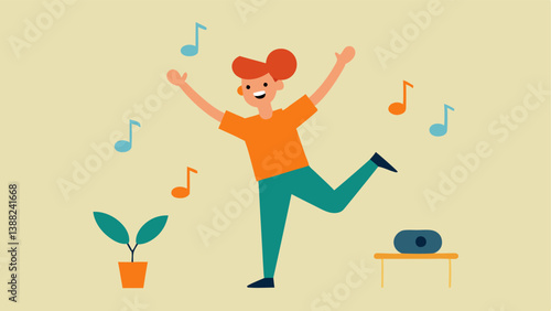 Joyful Movement An illustration of an individual dancing joyfully in their living room with music notes around them symbolizing physical activity and its uplifting effects.