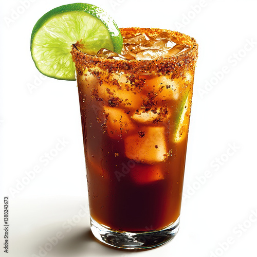 Close-up of a refreshing michelada cocktail with ice, chili-rimmed glass, and lime garnish, perfect for summer or parties.