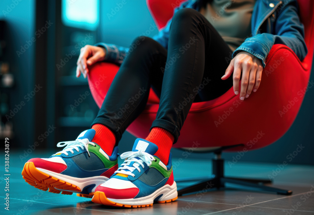 Stylish sneakers showcased on a seated model in a vibrant setting
