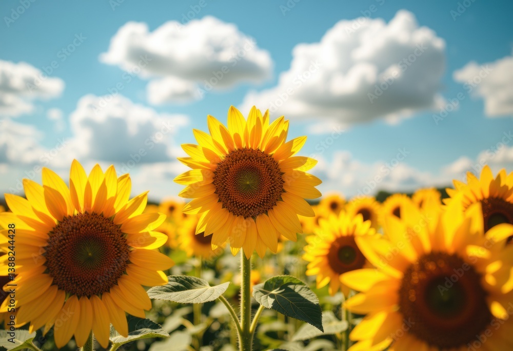 Fototapeta premium Bright sunflowers blooming under a clear blue sky with fluffy clouds