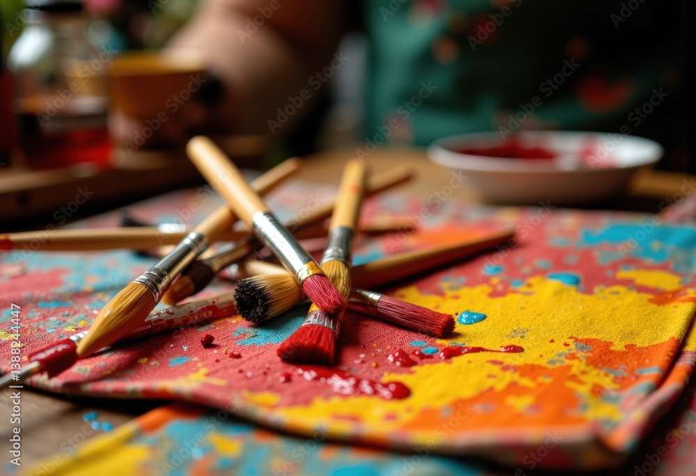 Colorful paintbrushes scattered on a vibrant, splattered canvas Colorful paintbrushes scattered on a vibrant, splattered canvas