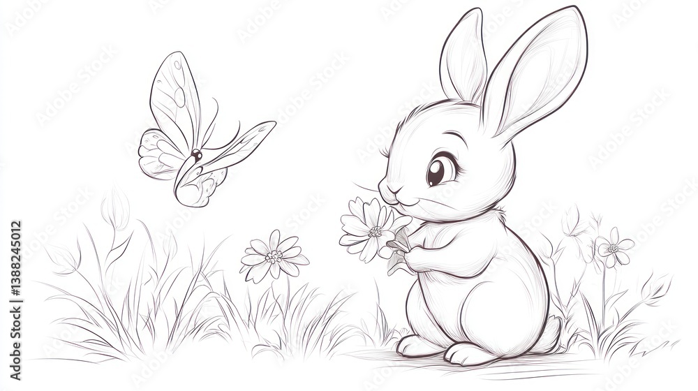 Obraz premium Cute bunny with flower and butterfly in meadow. Possible use Children's book illustration