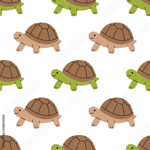 Seamless pattern with land turtles on white background. Cute tortoises. Pet, exotic animal. Domestic or wild reptile. Zoo, wild nature. Vector flat illustration for wallpaper, textile, packaging