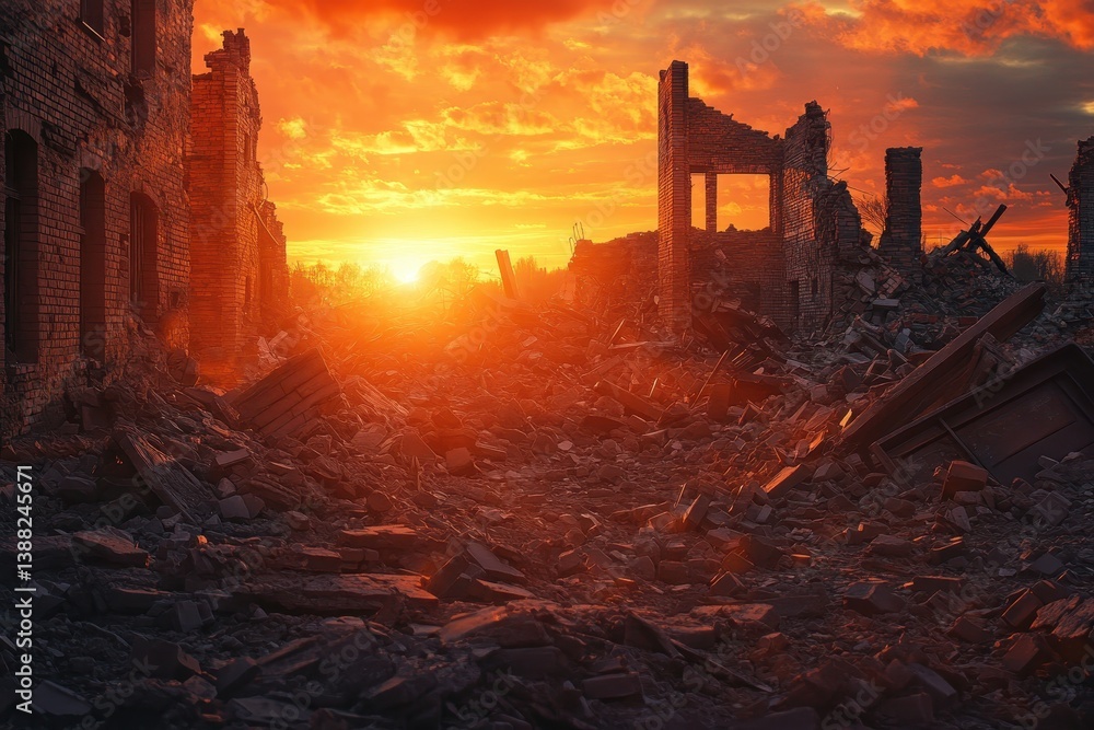 Fototapeta premium Sunset Over Ruins: Apocalyptic Debris and Destruction Background