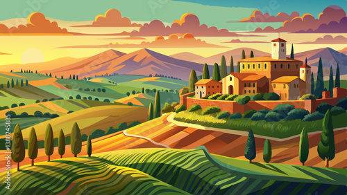 Panoramic view of Tuscany landscape at sunset