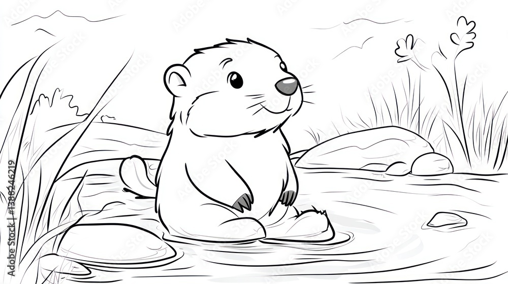 Fototapeta premium Cute groundhog sitting by a stream. Coloring book image