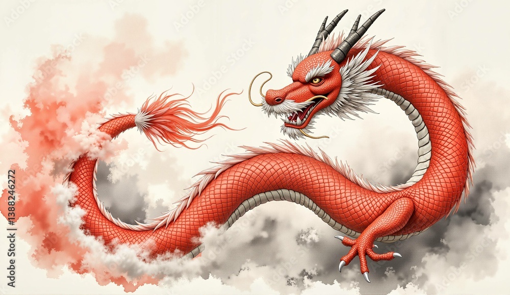 Fototapeta premium Red dragon soaring through clouds
