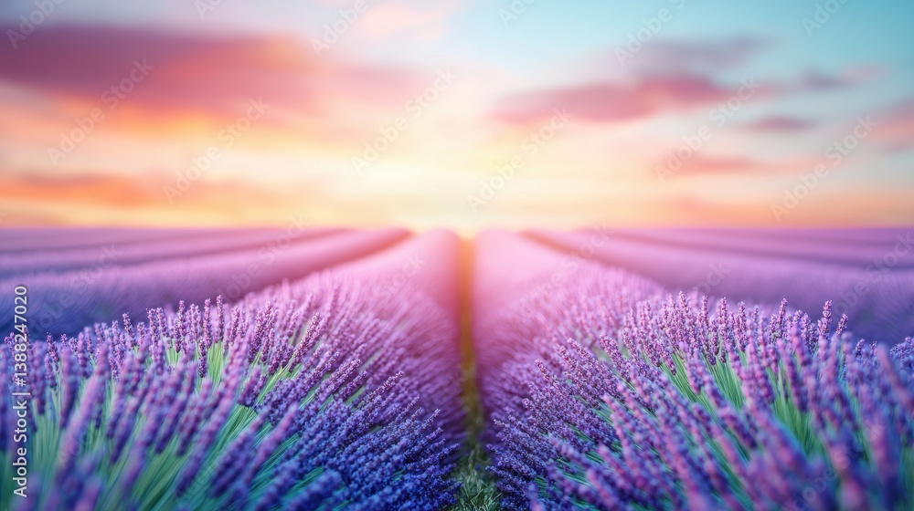 Fototapeta premium Peaceful A field of lavender stretching towards the horizon under soft light.