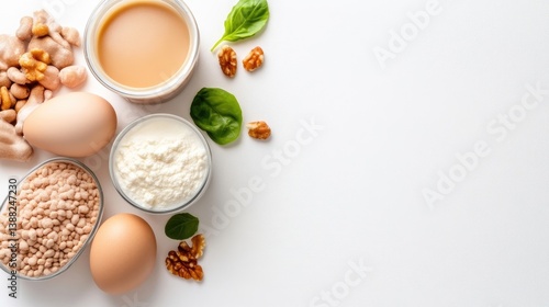 Wallpaper Mural Various healthy food ingredients including eggs, flour, nuts, and milk arranged on a white background, fresh green leaves for garnish, and clean and minimalistic composition. Torontodigital.ca