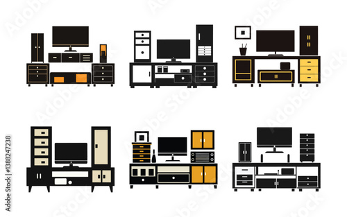 Explore diverse modern TV stand designs. Sleek black gold color scheme, minimalist cabinets, and flatscreen TVs create stylish home entertainment centers.