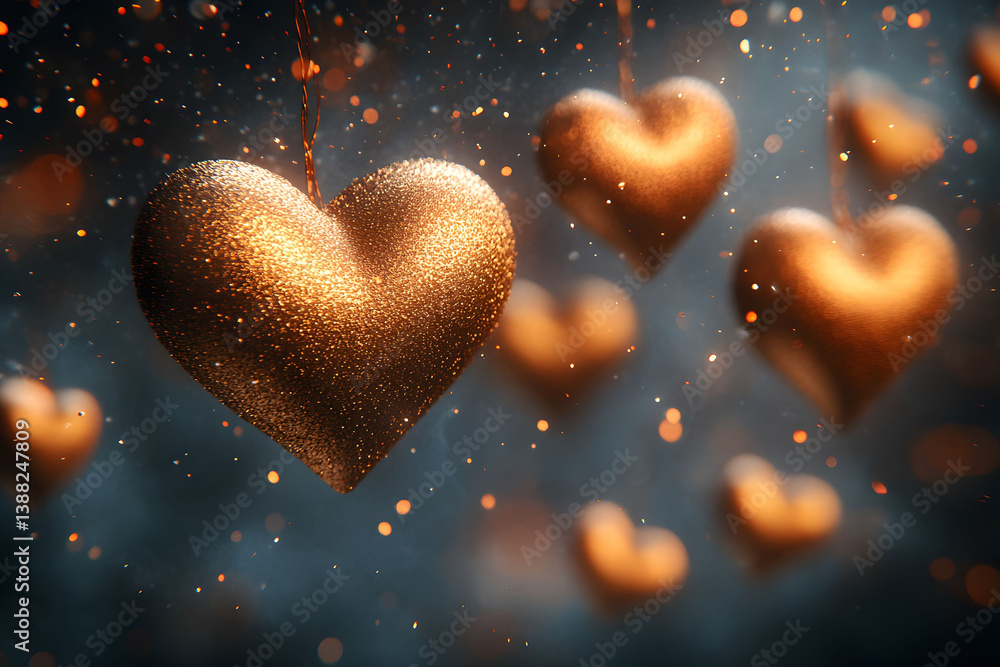 Golden Heart Ornaments with Glittering Bokeh Lights for Romantic and Festive Decor Golden Heart Ornaments with Glittering Bokeh Lights for Romantic and Festive Decor