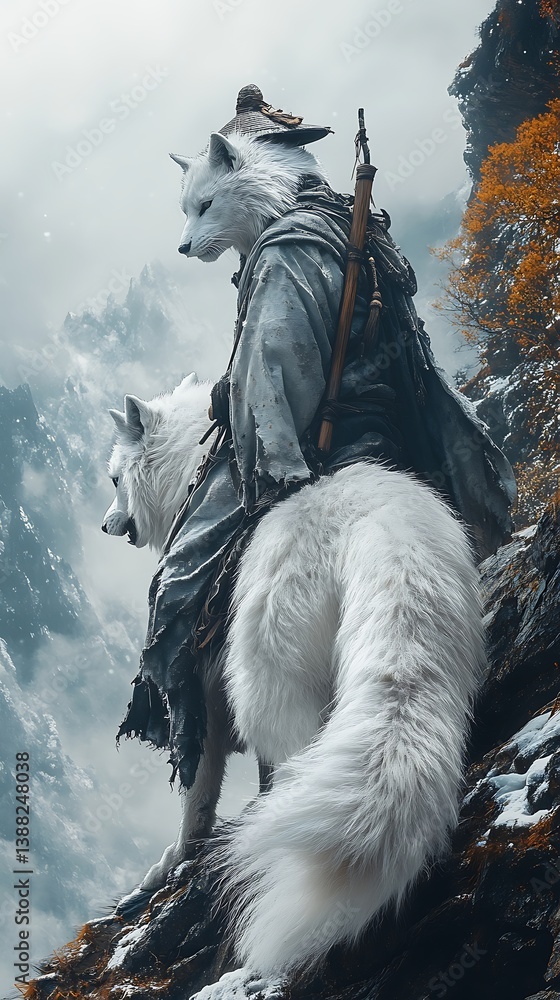 Fototapeta premium Mystical Samurai Like Warrior On Legendary White Wolf photo