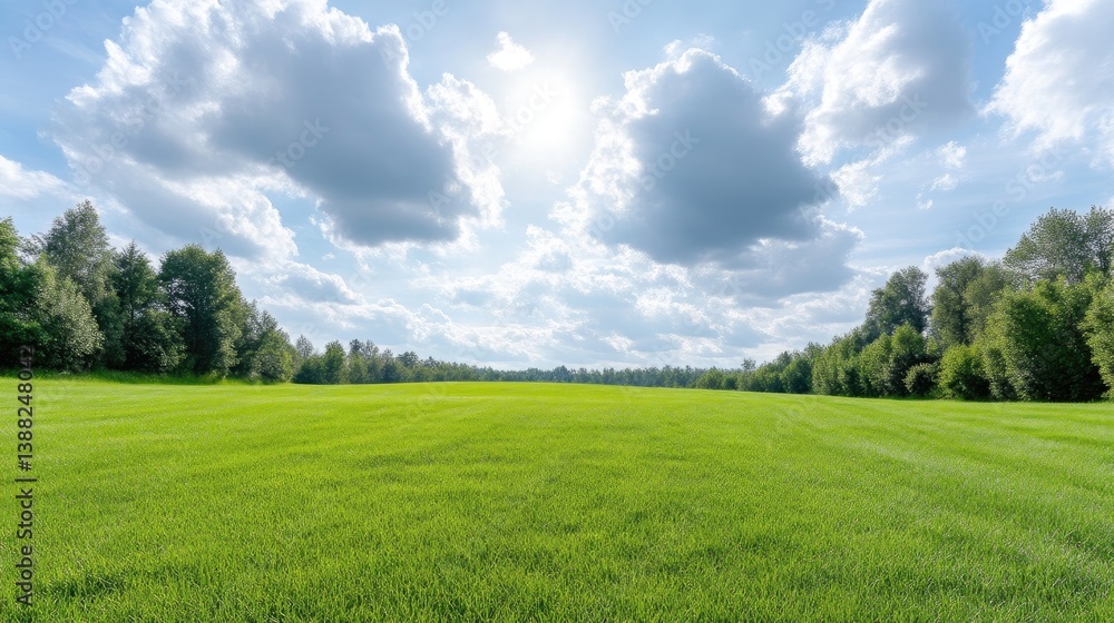 A vibrant green field stretches to a tree line under a partly sunny sky. The image features fluffy white clouds contrasting with the bright blue. Its a high-quality photo with natural lighting. The s A vibrant green field stretches to a tree line under a partly sunny sky. The image features fluffy white clouds contrasting with the bright blue. Its a high-quality photo with natural lighting. The s