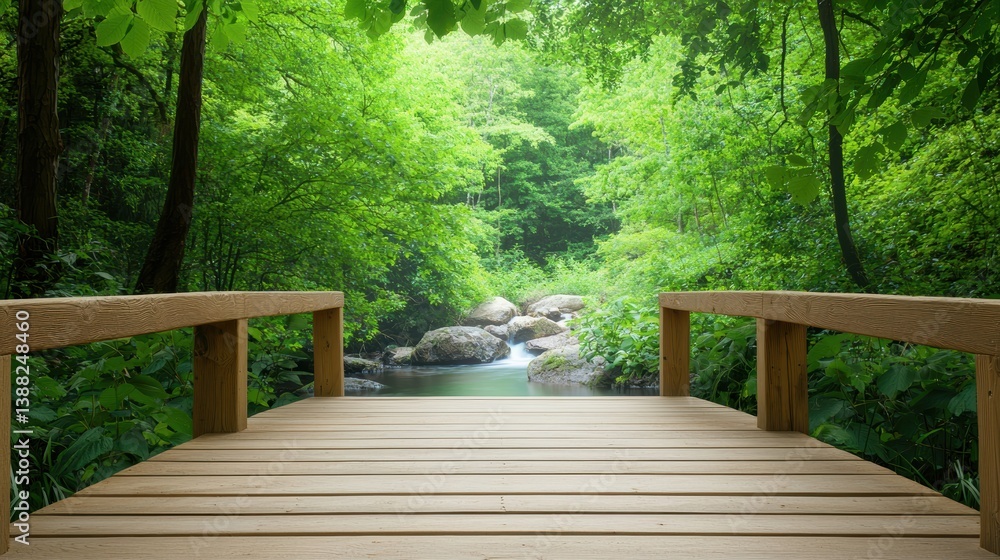 Stream Small wooden bridge crossing a quiet stream surrounded by lush trees. Stream Small wooden bridge crossing a quiet stream surrounded by lush trees.