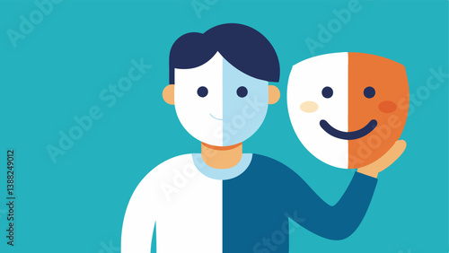 Mask of Emotions A person holding a mask with a smile on one side and a frown on the other symbolizing the facade people often maintain while coping with PTSD.