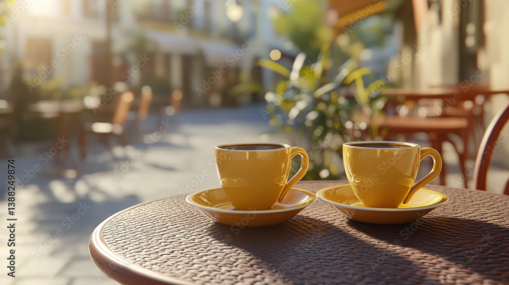 Morning scene with two espresso or cappuccino cups served in a sunny outdoor cafe Morning scene with two espresso or cappuccino cups served in a sunny outdoor cafe