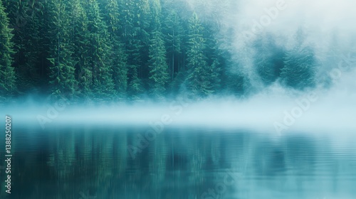 Atmosphere Morning mist rolling over a quiet lake, creating a dreamlike scene.