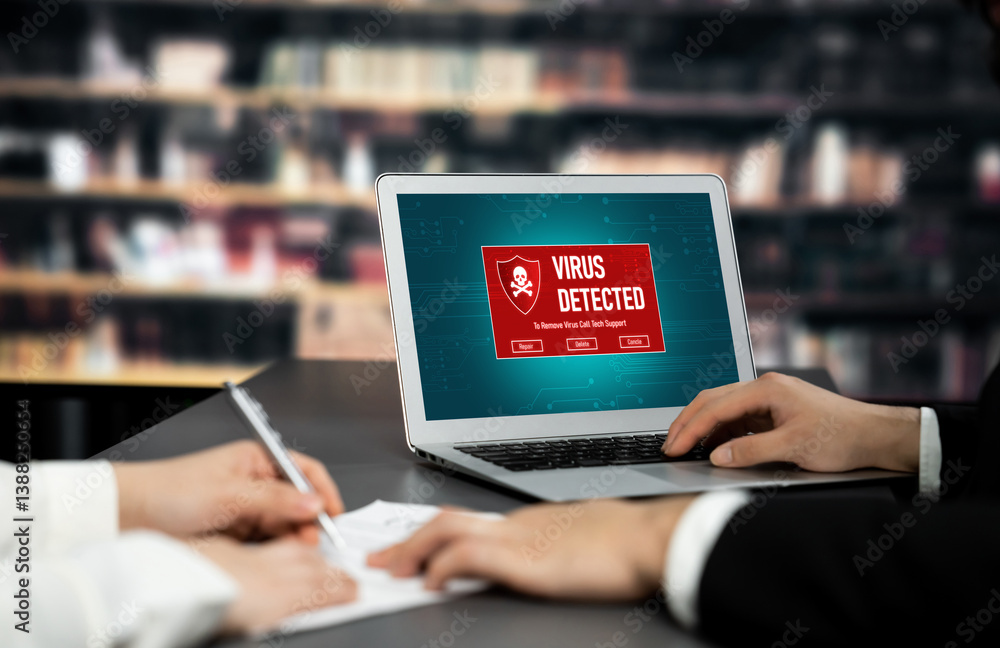 Virus warning alert on computer screen detected brisk cyber threat , hacker, computer virus and malware