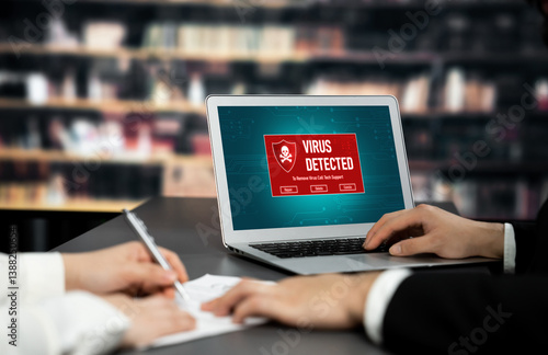 Obraz na płótnie Virus warning alert on computer screen detected brisk cyber threat , hacker, computer virus and malware w salonie
