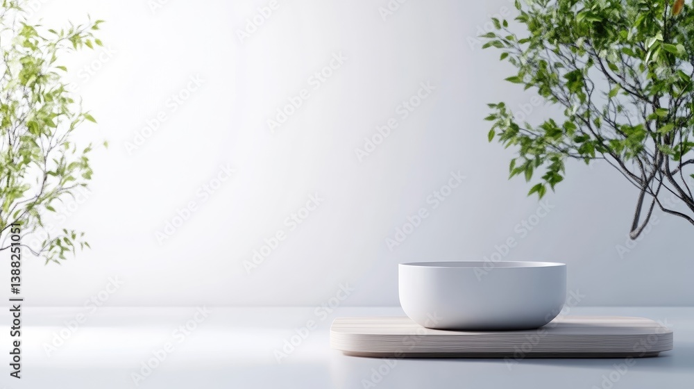 A white bowl sits on a light wooden platform. Two small, leafy green trees flank the scene against a bright white background. The image is digitally rendered, high-quality, with soft lighting. It fe A white bowl sits on a light wooden platform. Two small, leafy green trees flank the scene against a bright white background. The image is digitally rendered, high-quality, with soft lighting. It fe