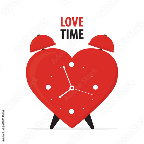 Red heart alarm clock. Wedding and valentine day concept. Тime to love with red heart. Wake up with a smile or time to date with my lover on Valentine Day.