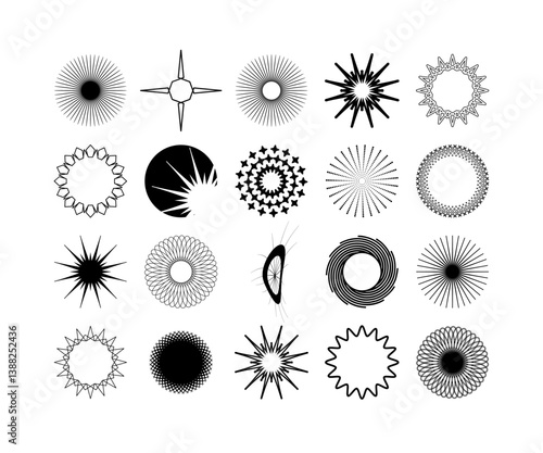 Radial circle lines. Symbol of Sun star rays.  Abstract geometric shapes. Set badges. Vector icon collections. 