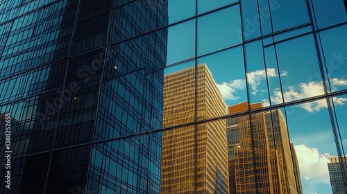Reflections of tall buildings from a skyscraper window at sunset. Reflections of skyscrapers in windows.