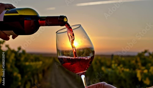 Pouring red wine into glass at sunset in vineyard