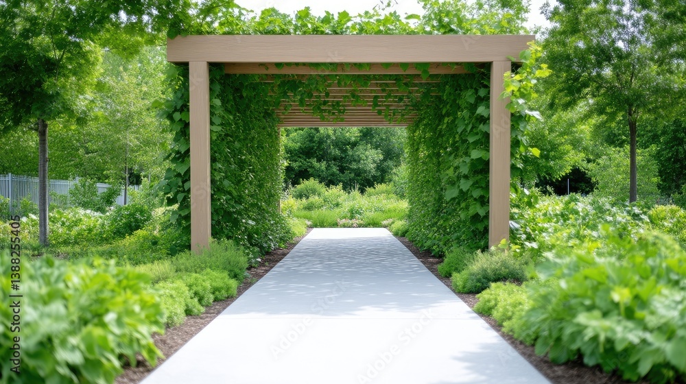 Fototapeta premium A serene garden path under a pergola, filled with vibrant greenery. A walkway leads through a lush, landscaped area