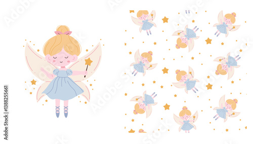 Vector set for printing on children's products. Flat style illustration of a cute fairy with blonde hair holding a magic wand. Seamless pattern of a cute fairy with blonde hair