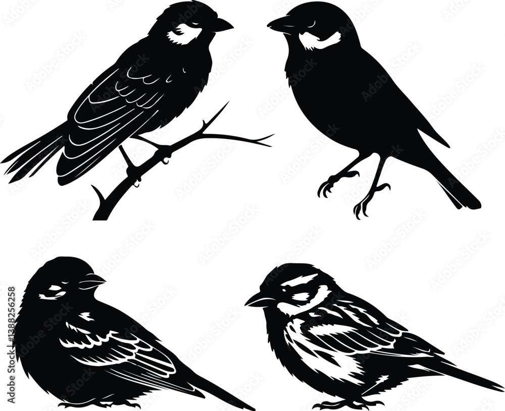Fototapeta premium Flying Sparrow Vector | Bird Outline and Wildlife Design Sparrow Silhouette Set | Small Bird and Nature Vector