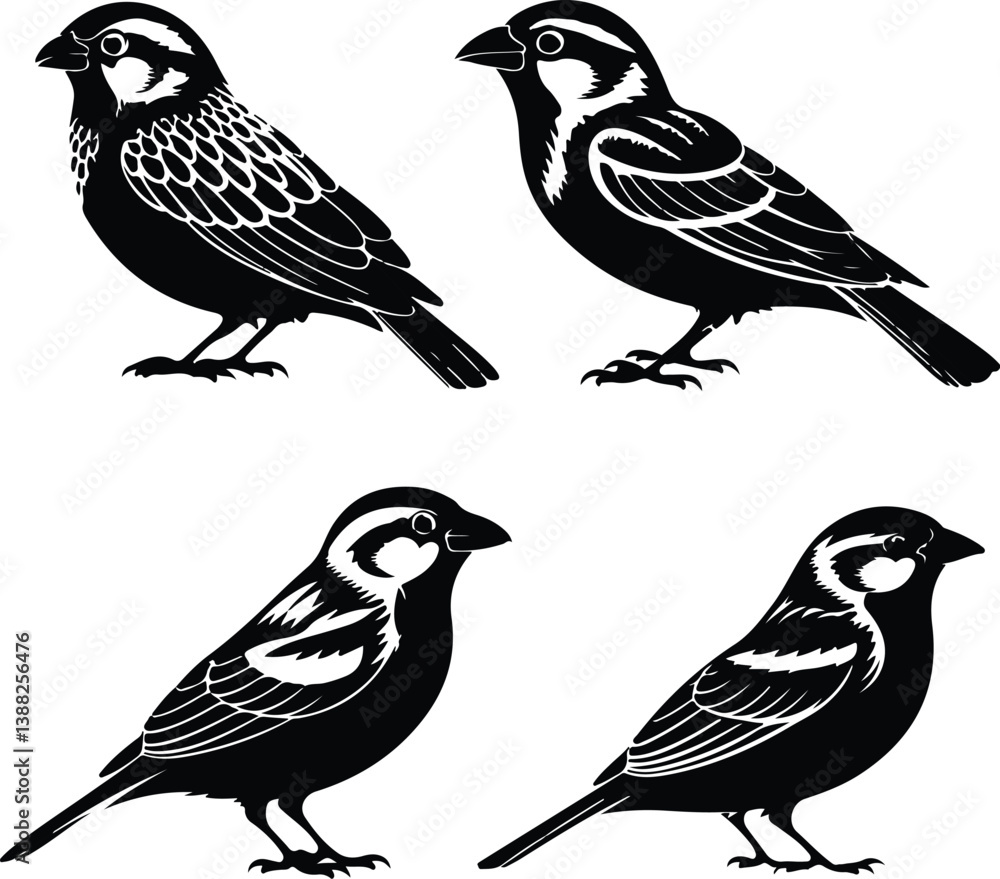 Fototapeta premium Flying Sparrow Vector | Bird Outline and Wildlife Design Sparrow Silhouette Set | Small Bird and Nature Vector