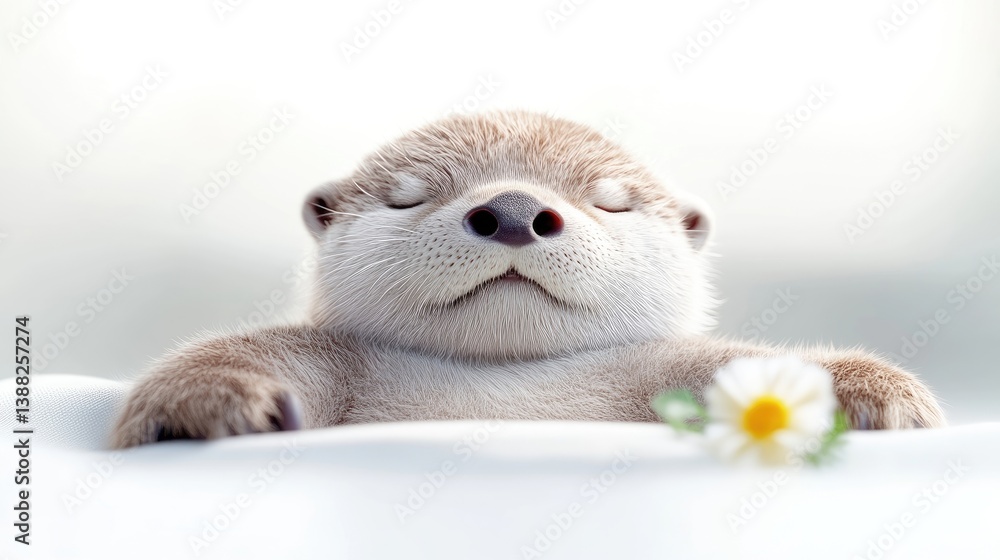 Fototapeta premium Cute baby otter sleeping peacefully on a soft surface, with a flower nearby