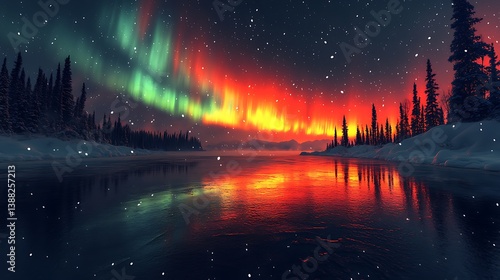 A colorful aurora reflecting on a frozen lake, soft snow falling gently, pine trees swaying in the distance, the feeling of pure peace and stillness,