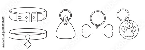 Set vector illustration of pet medallion and collar, simple linear icons, doodle and sketch style, hand-drawn, isolated on a white background