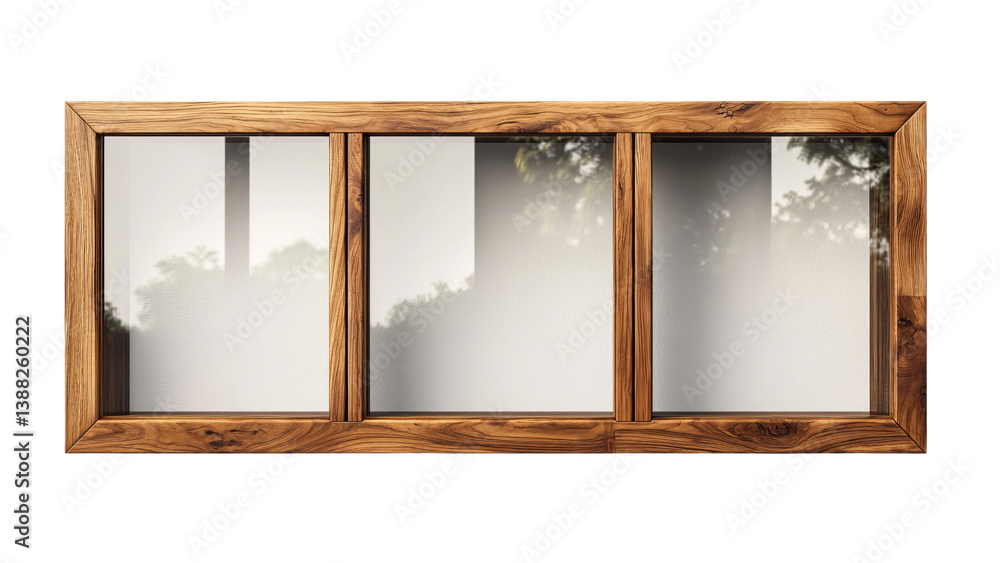 Fototapeta premium Png of Elegant wooden-framed window with three panes, showcasing subtle reflections of greenery, perfect for adding charm to any space on transparent background.