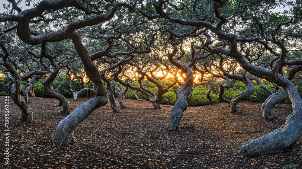 Golden hour light illuminating an ancient forest with massive twisted trunks and a leaf-strewn floor Golden hour light illuminating an ancient forest with massive twisted trunks and a leaf-strewn floor