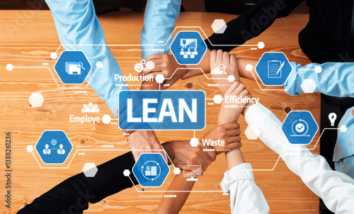 A diverse team collaborating around a table, showcasing lean management principles with a focus on efficiency and production through teamwork and effective communication. Amity