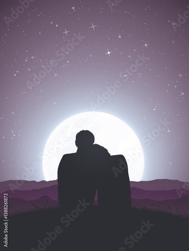 Lovers sitting on top of mountain. Honeymoon. Full moon in night sky