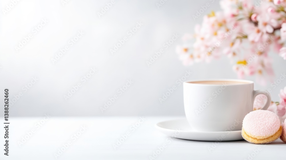A white coffee cup on saucer with pink macarons on a minimalist table, soft focus background with delicate pink cherry blossoms, and serene and elegant composition. A white coffee cup on saucer with pink macarons on a minimalist table, soft focus background with delicate pink cherry blossoms, and serene and elegant composition.