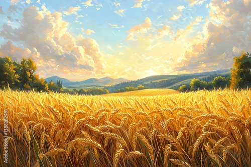 Painting of a field of golden wheat with a bright blue sky in the background. The mood of the painting is serene and peaceful, with the sun shining down on the field